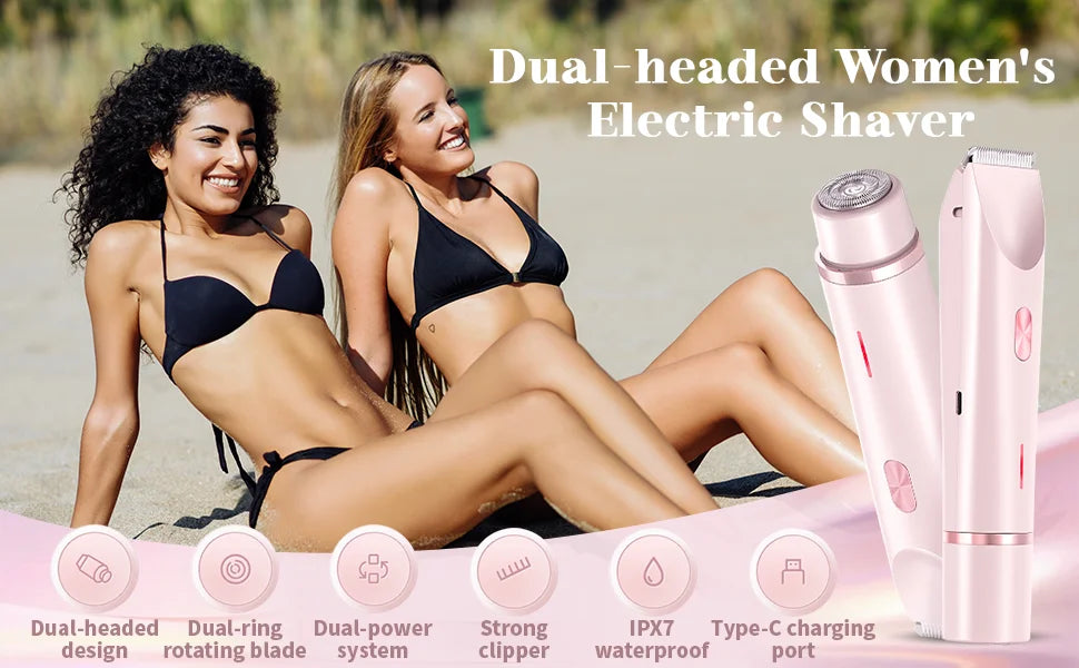 Rasoir électrique pour femmes, rasoir étanche pour cheveux humides et secs, Double tête 2 en 1, double Bikini, tondeuse à cheveux, tête détachable